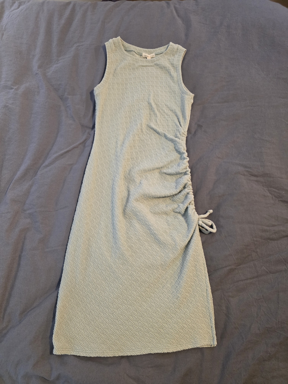 Moa Moa Sleeveless Light Green Ruched-Side Midi Dress with Tie
